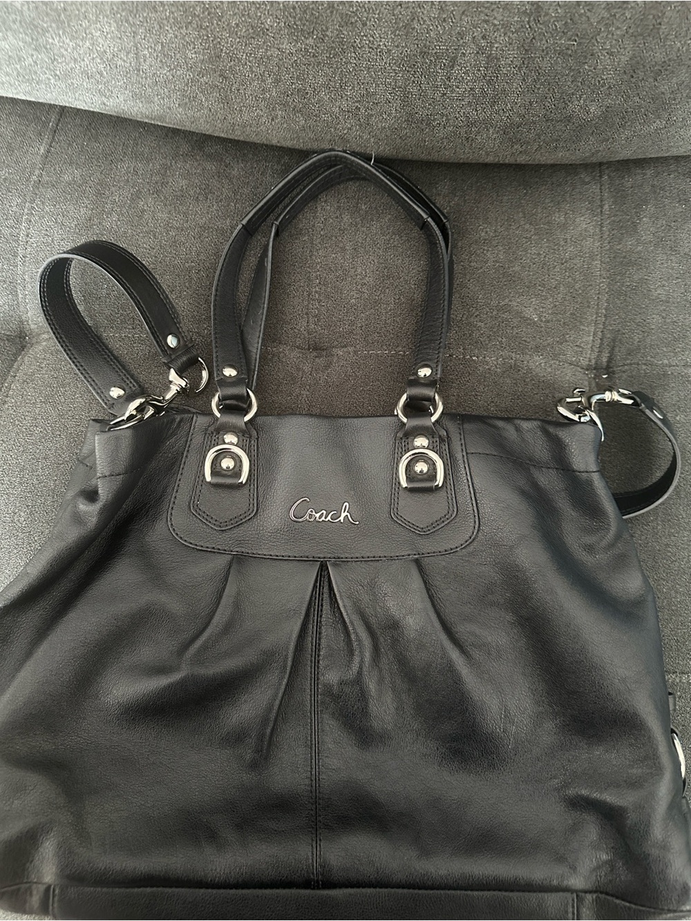 Coach Black Leather Shoulder Tote with Silver Hardware